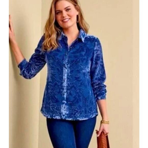 NWT Soft Surroundings Floreat Velvet Shirt M Sapphire Sheer Burnout $120 MSRP - Picture 4 of 10